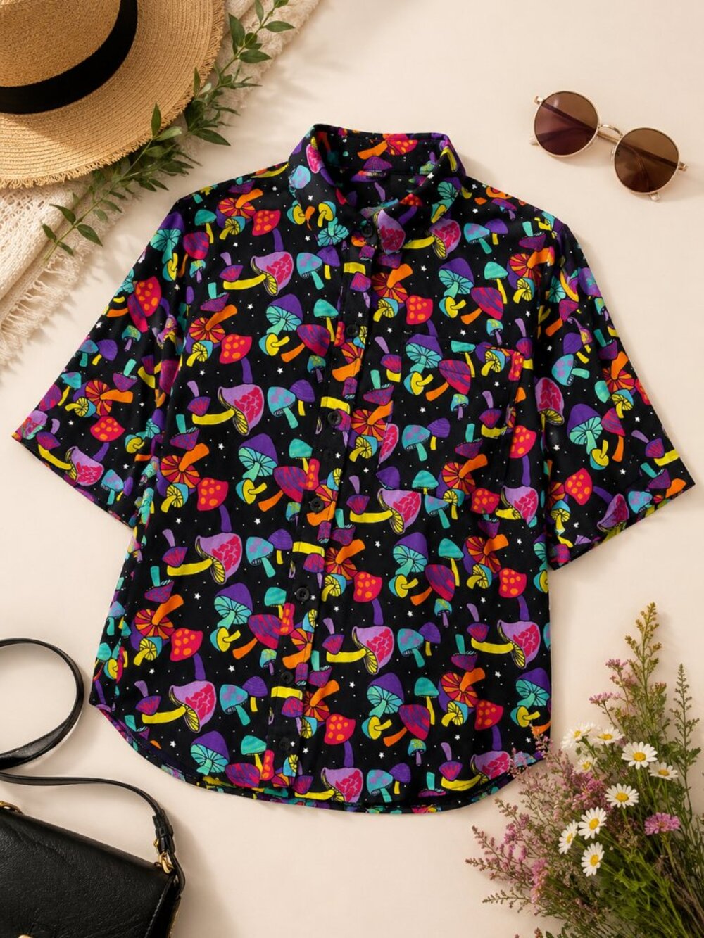 A.LAB Psychedelic Mushroom Button Front Shirt Top Size Large